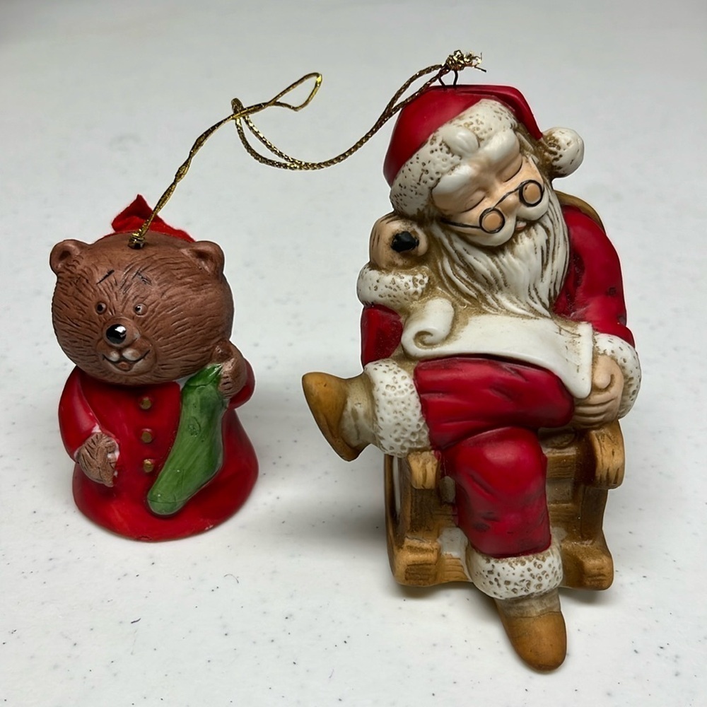Santa in Rocker and chipmunk ornaments Vintage